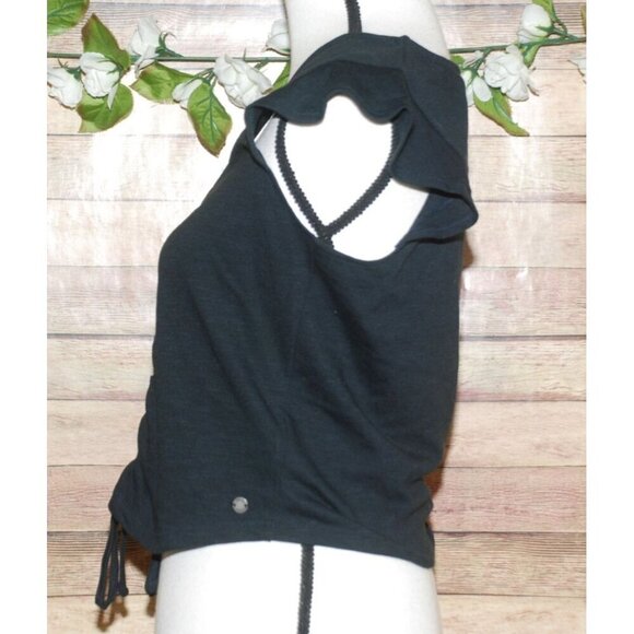 Roxy Black Cropped Knit Rib Top Size L Short Ruffle Sleeve Ruched Tie Up V-Neck - Picture 6 of 11